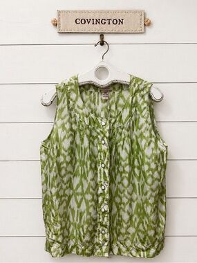 COVINGTON Green & White Silk Print Sleeveless Blouse Size L